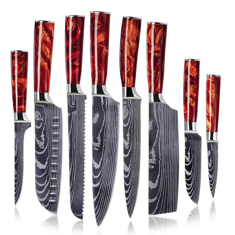 Senken Knives 8Piece 'Crimson' Japanese Kitchen Knife Set with